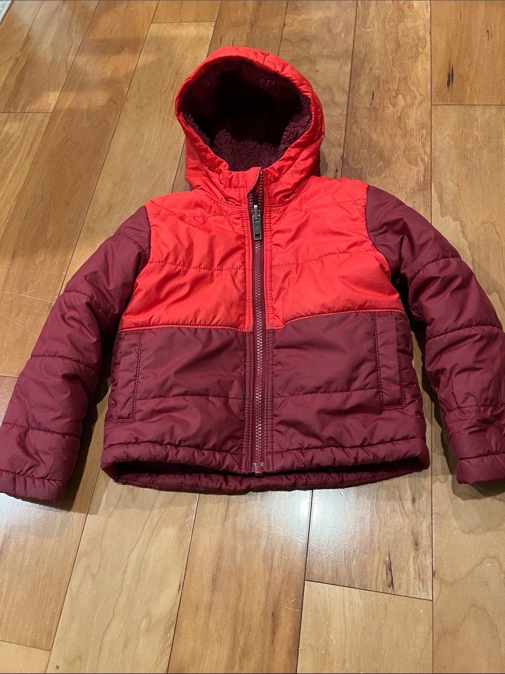 The North Face Kids Red & Burgundy Colorblock Hooded Puffer Jacket